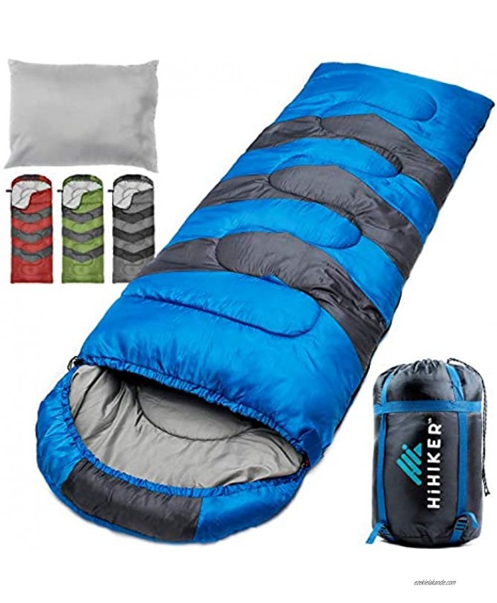 HiHiker Camping Sleeping Bag + Travel Pillow w Compact Compression Sack – 4 Season Sleeping Bag for Adults & Kids – Lightweight Warm and Washable for Hiking Traveling.