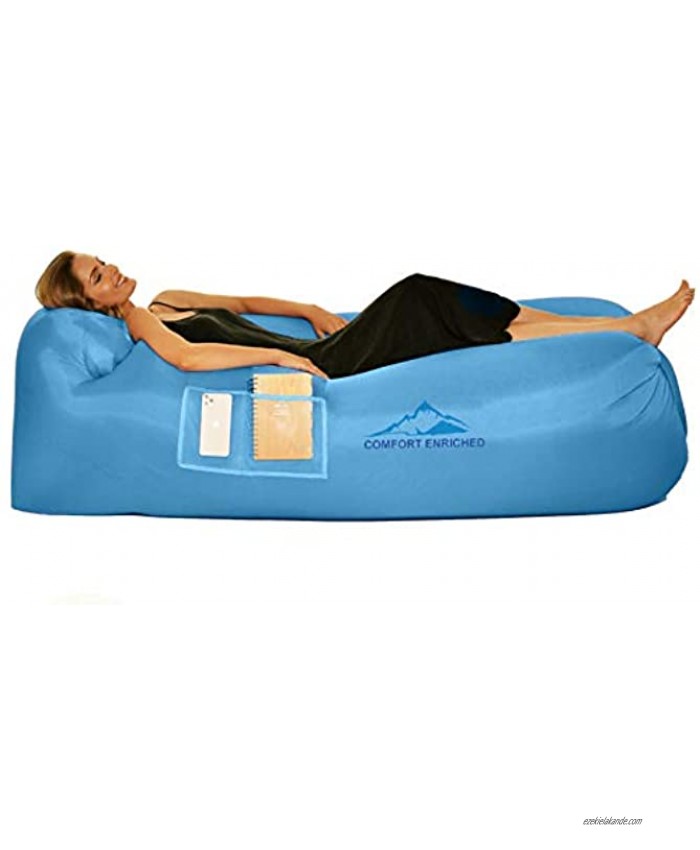 Comfort Inflatable Lounger Air Sofa Hammock Air Lounger for Travel Camping Hiking – Portable Waterproof and Anti-Air Leaking Pouch Couch with Pillow and Carrying Bag for Pool and Beach Sky Blue