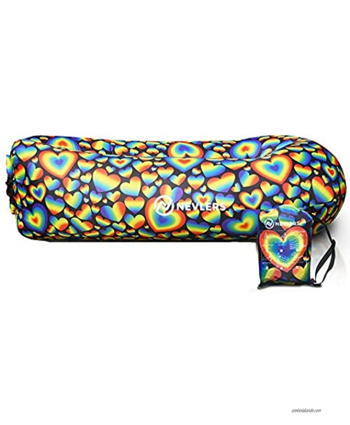 Nevlers Inflatable Lounger with Side Pockets and Matching Travel Bag Rainbow Hearts Design Waterproof and Portable Great for The Beach Park Pool and as Camping Accessories
