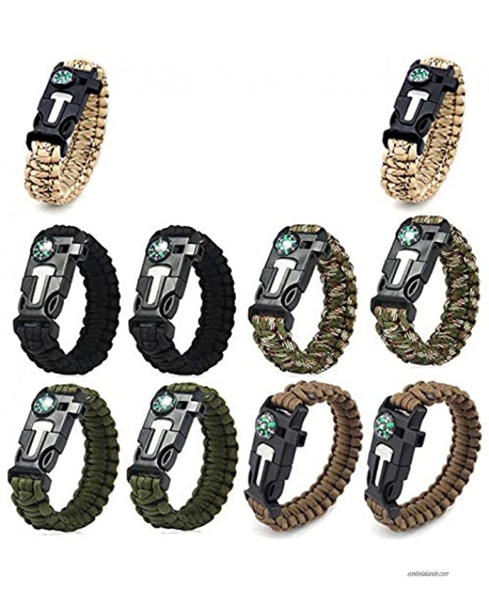 AOOTOOSPORT Survival Paracord Bracelets 10 Pack Kit Outdoor Survival Bracelet Camping Fishing Hiking Gear with Compass Fire Starter Whistle and Emergency Knife