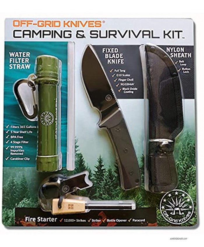 Off-Grid Knives Camping and Survival Kit Fixed Blade Knife & Sheath Water Filter Survival Straw Fire Starter Ferro Rod with Paracord Perfect for Campers Hikers Preppers Survivalists