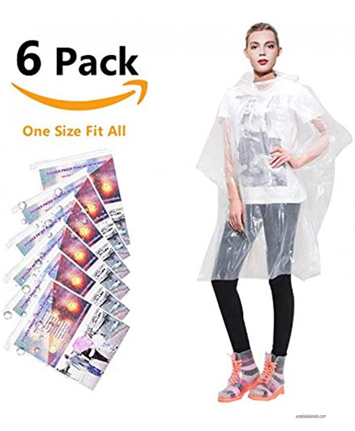 Rain Ponchos for Adults Disposable Waterproof Lightweight 6 Pack Rain Ponchos with Drawstring Hood 50% Thicker Material Emergency Rain Poncho Clear Color