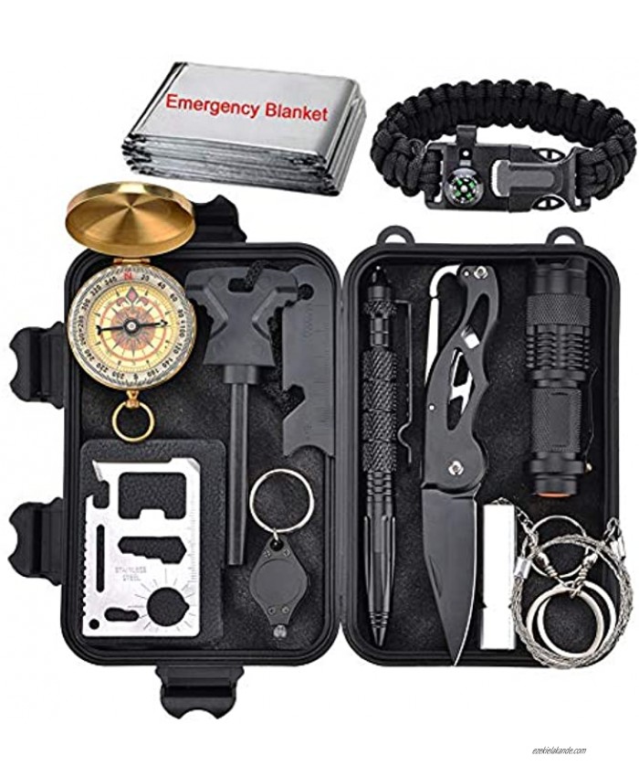XUANLAN Emergency Survival Kit 13 in 1 Outdoor Survival Gear Tool with Survival Bracelet Fire Starter Whistle Wood Cutter Water Bottle Clip Tactical Pen Survival Kit 2
