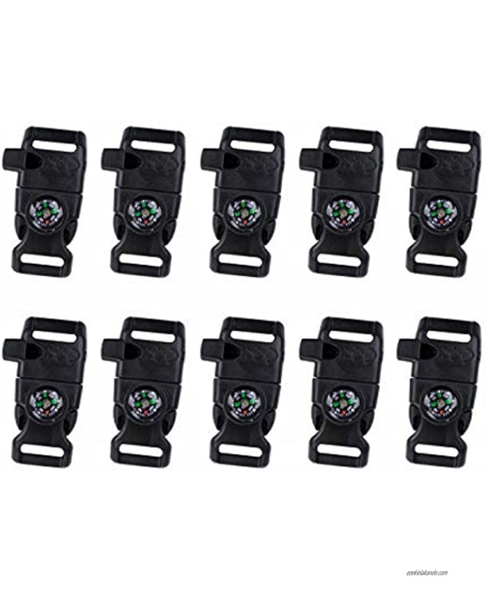YEHAM 10 PCS Emergency Whistle Buckle come with Compass&Fire Starter&Flint Scraper for Outdoor Camping Paracord Bracelet black