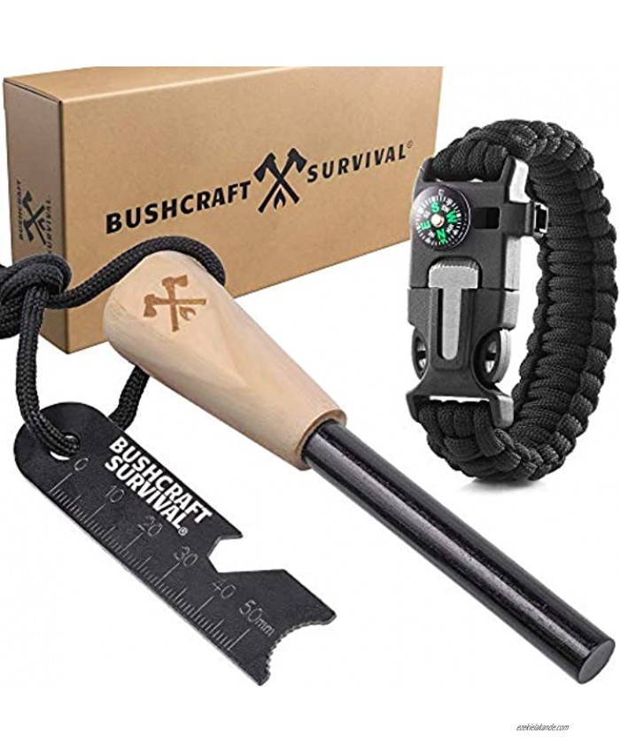 Bushcraft Survival Ferro Rod Fire Starter Survival Tool | Flint and Steel w Paracord Bracelet Compass & Whistle Fire Starters for Campfires | Waterproof Magnesium Farrow Rod Tools