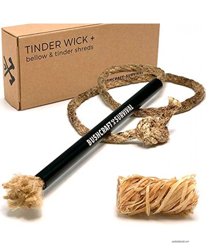Bushcraft Survival Tinder Fire Starter Rope & Aluminum Bellow | Extra Long Tinder Wick Fire Starter Survival Tool | 2 Ft Waterproof Natural Jute Waxed Cord w Wooden Tender Shreds Tools