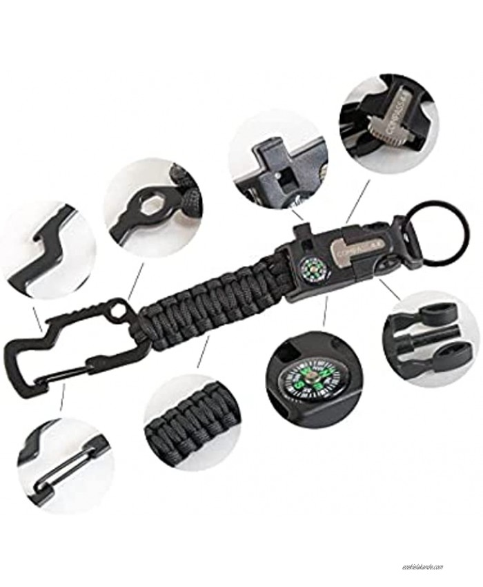Compass 44 8-in-1 Paracord Tactical Survival Keychain Tool Includes Compass Emergency Whistle Flint Rod fire Starter Carabiner Hexagon Tool Bottle Opener and Serrated Mini-Blade