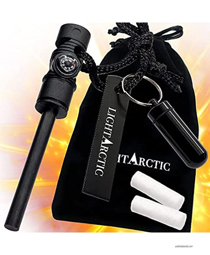 LightArctic Fire Starter All-Weather Magnesium Ferro Rod with Waterproof Tinder Capsule 2 Long-Burning Lifesaver Tinders Cloth Bag Compass Whistle. Best for Emergency Survival Kit Camping Hiking