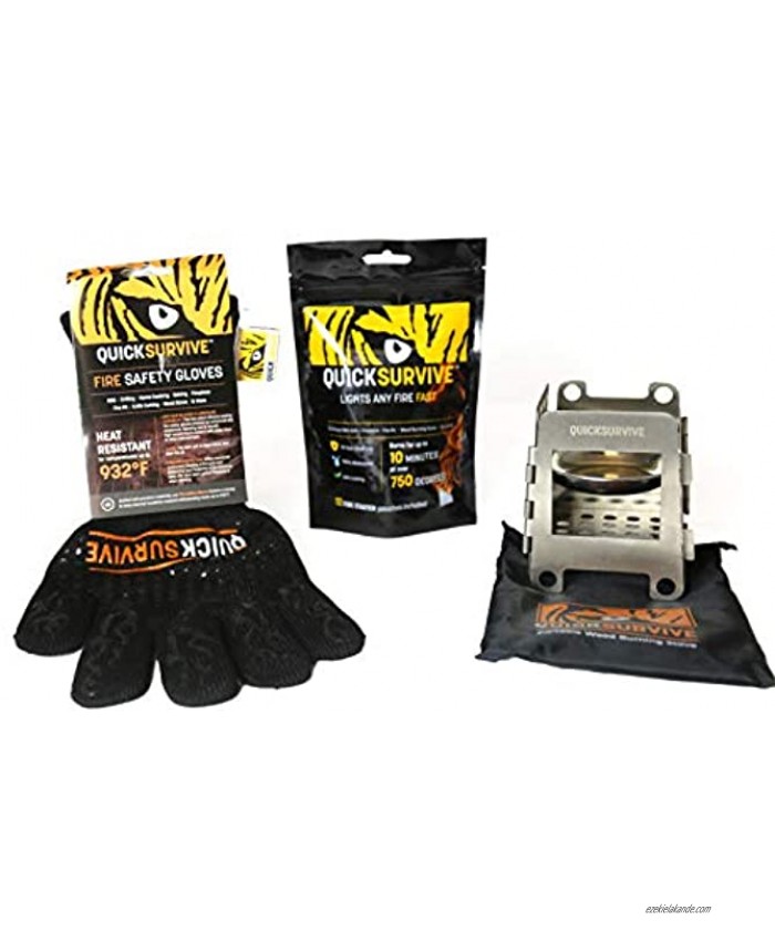 QUICKSURVIVE Mini Survival Wood Burning Stove 12 Pack All Purpose Fire Starters and Heat Resistant Fire Safety Glove