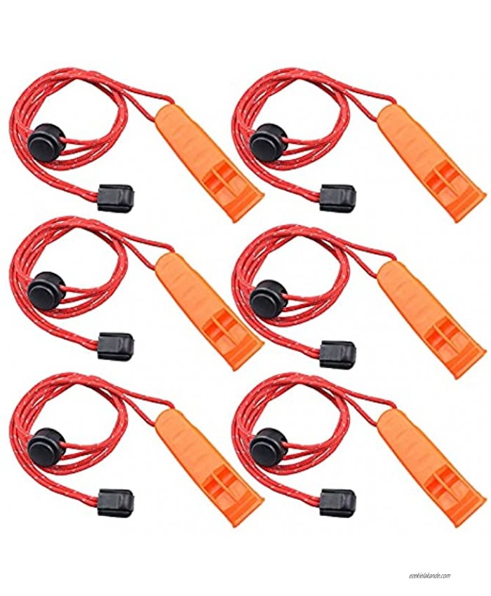 6 pcs Safety Survival Whistles Double Pipe Rescue Emergency Whistle,with Adjustable Reflective Lanyard High Decibel Plastic Marine Whistle for Camping Hiking Football Match