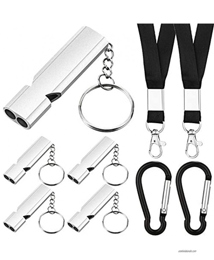 8 Sets High Pitch Metal Whistle with Clasp and Lanyard Waterproof Portable Double Tubes Loud Safety Whistle for Camping Hiking Sports Dog Training Outdoor Activities Silver