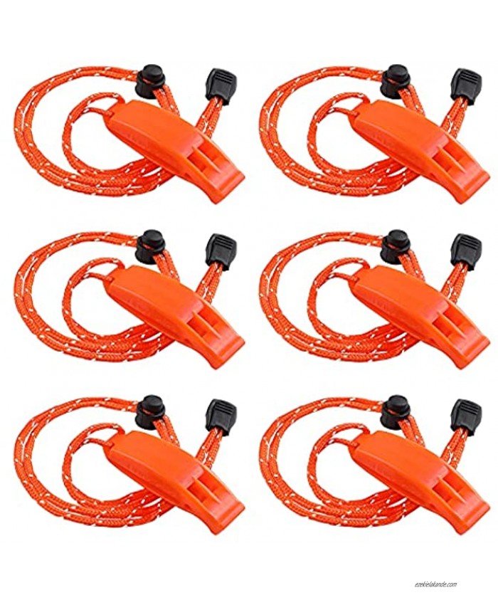 JULBEAR 6PCS Safety Survival Whistles with Adjustable Reflective Lanyard Emergency Plastic Whistle Marine Whistle