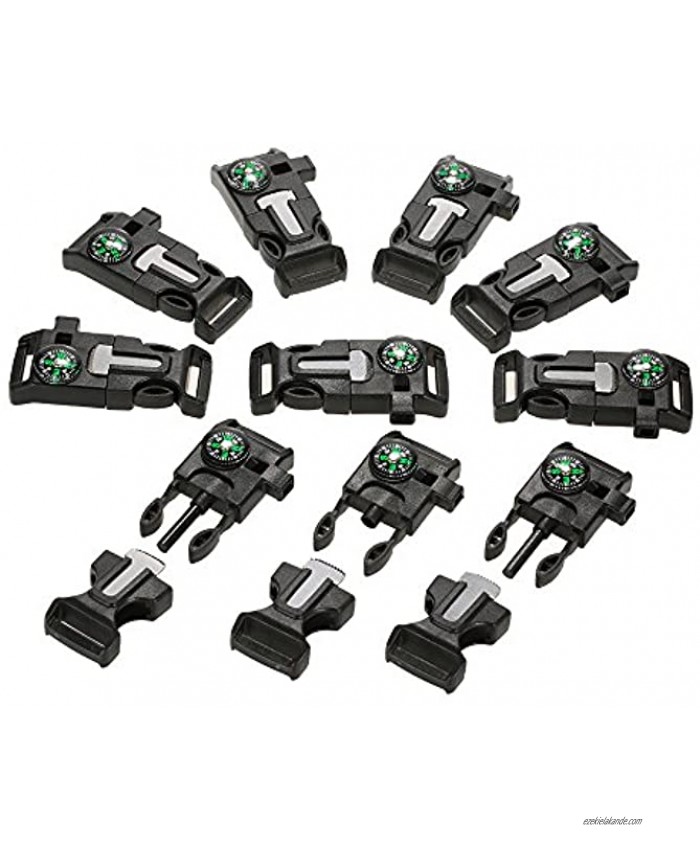 Lixada 10Pcs Emergency Whistle Buckle with Flint Scraper Fire Starter and Compass for Outdoor Camping Hiking Paracord Bracelet