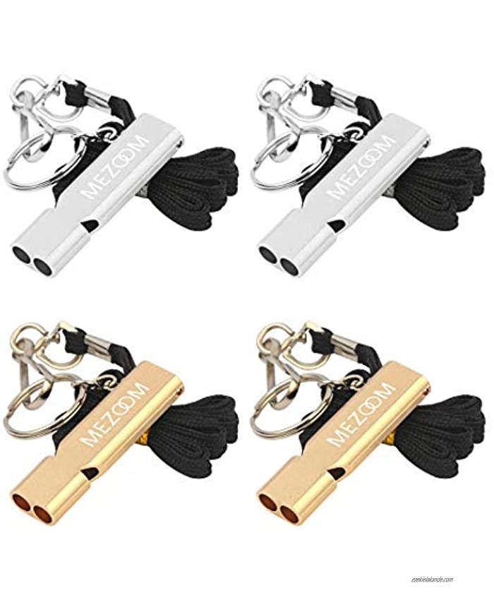MEZOOM 4 Pcs Emergency Survival Whistles Metal Double Tubes Reused Referee Coaches Whistle with Lanyard and Key Ring for Camping Hiking Hunting Pet Training