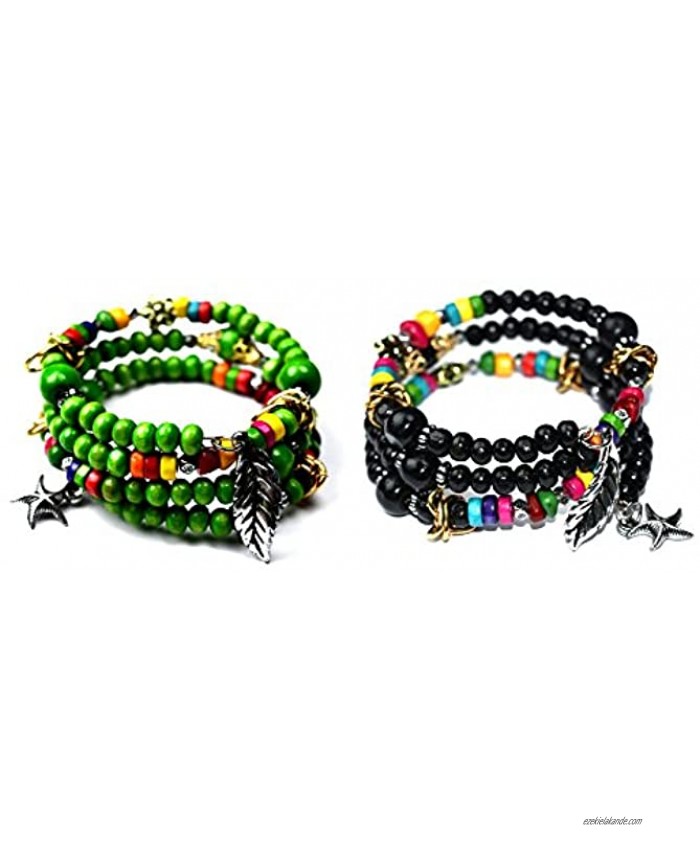 Syleia Bohemian Stretch Colorful Bracelets Set of 2 Green and Black with Dangling Charms and Beads