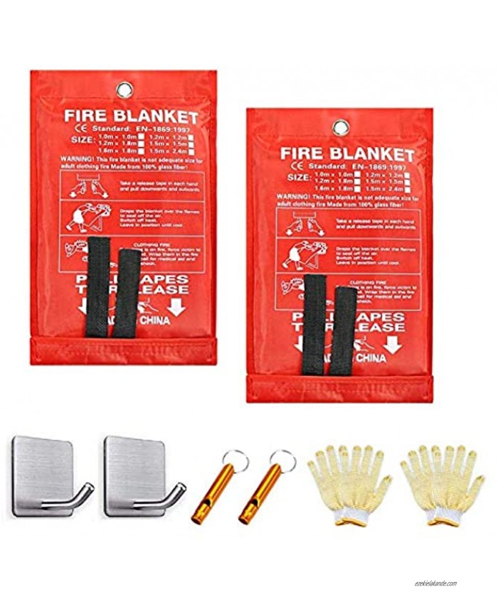 Fire Blanket [2 Pack] Fire Emergency Blanket Fire Suppression Blanket with Hook & Heat Resistant Gloves for Kitchen,Fireplace,Car,Office,Warehouse