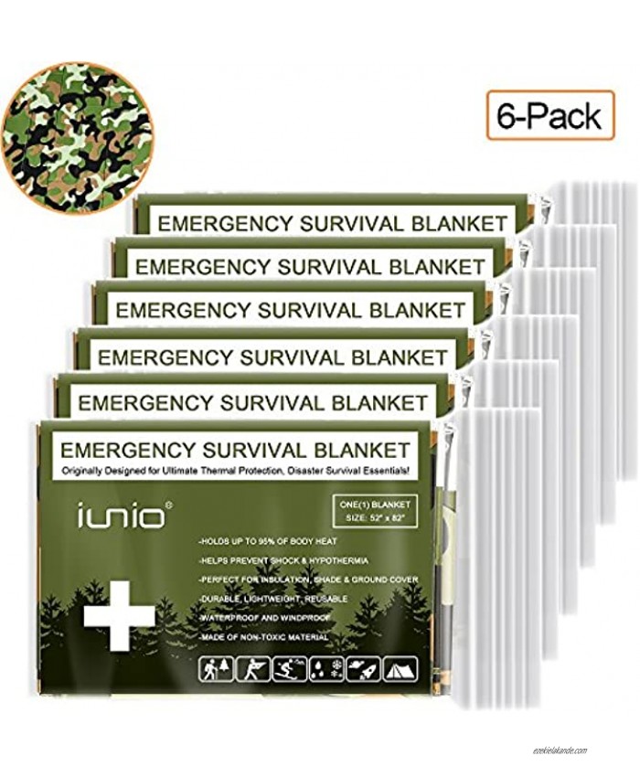 iunio Space Blanket Survival Gear Emergency Mylar Survival Thermal Blankets for Outdoor Hiking Marathon First Aid Bug Out Bag Designed for NASA with up to 95% Heat Retention Woodland Camo-6 Pack