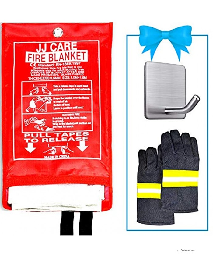 JJ CARE Fire Blanket for Home 40x40 + 1 Hook & 1 Gloves Fire Suppression Blanket Emergency Fire Blanket for People Fire Blanket Kitchen Emergency Use White
