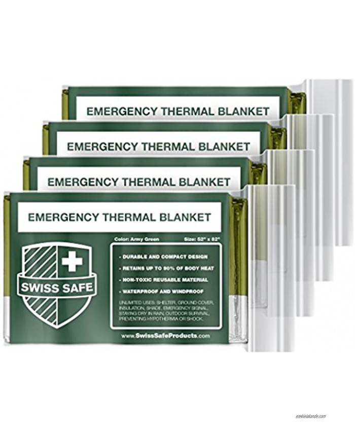 Swiss Safe Emergency Mylar Thermal Blankets + Bonus Gold Foil Space Blanket. Designed for NASA Outdoors Survival First Aid Army Green 4 Pack