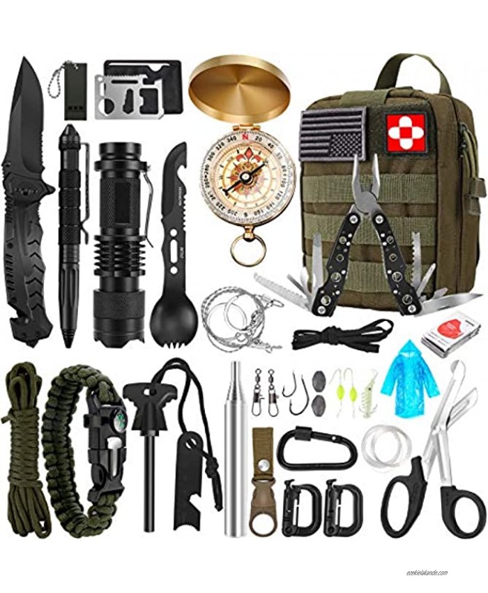 Survival Kit 32 in 1 Professional Emergency Survival Gear Equipment Tools First Aid Supplies with Molle Pouch Gifts Ideas for Men Families SOS Tactical Hiking Hunting Disaster Green